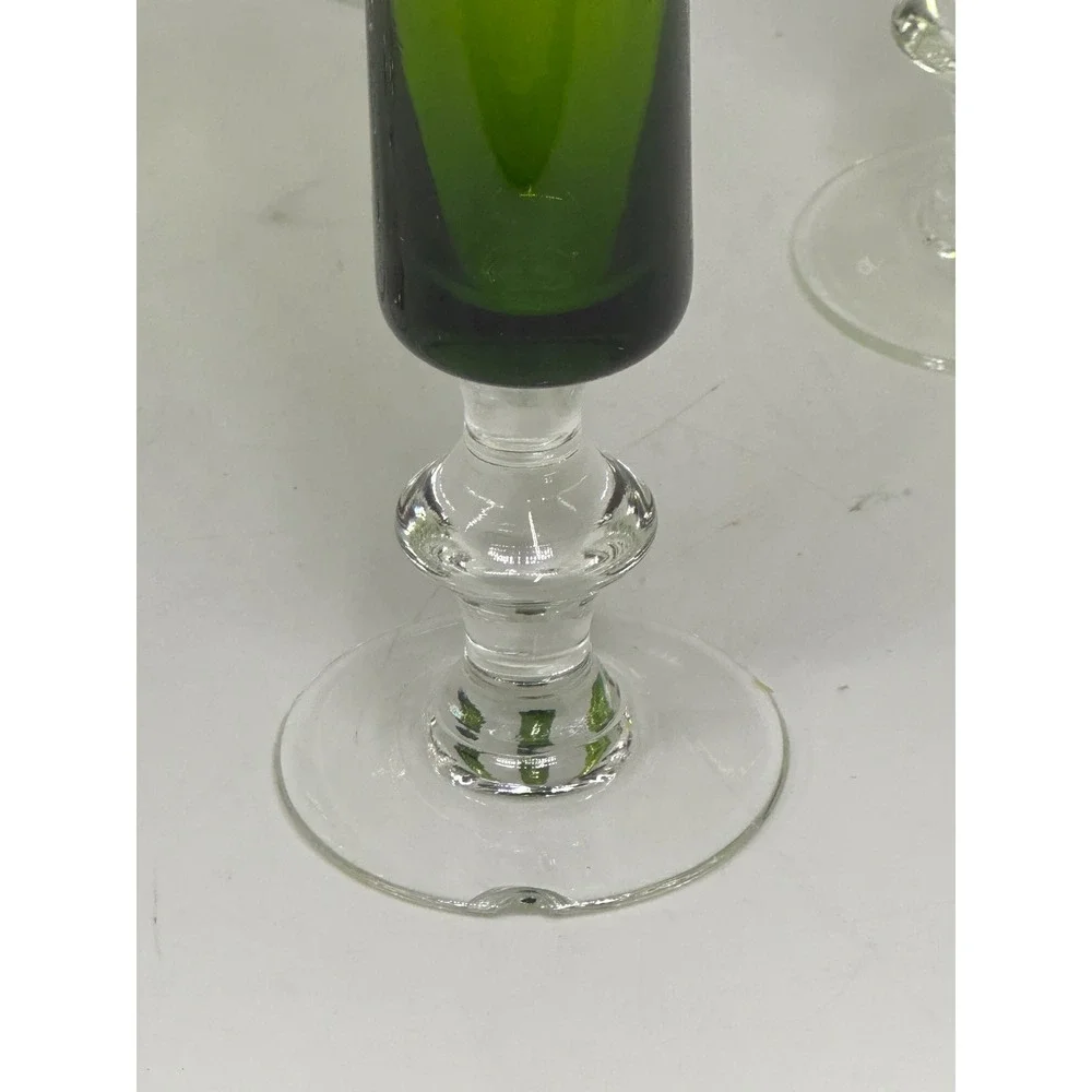 VTG Japan Glass Cordial Set Green Mid Century Modern Cylinder Stemware 6pc Set